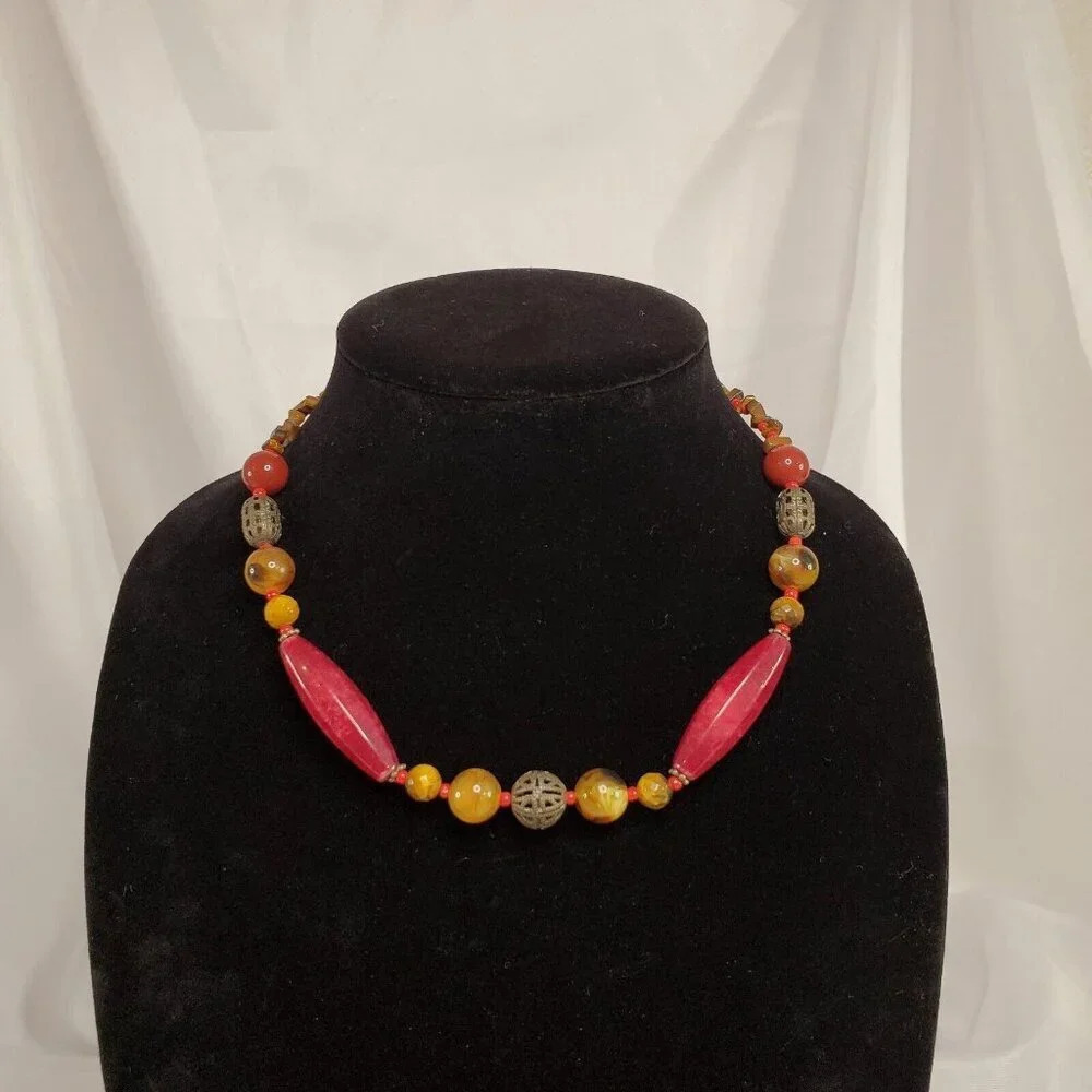 VTG Rhodonite & Tiger Eye Beaded Necklace Adjustable 17"-19" Real Stone Mix Bead